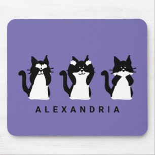 Alfombrilla De Ratón Gatos Blancos Negros   Tres Gatitos Sabios Purpura