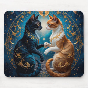 Alfombrilla De Ratón Gatos Celestiales en Arte Cósmico con Oro y Azul