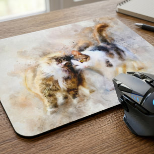 Alfombrilla De Ratón Gatos de Acuarela Acariciándose en Arte Abstracto 