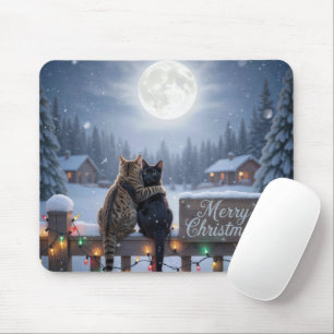 Alfombrilla De Ratón Gatos de Navidad abrazándose en una valla nevada