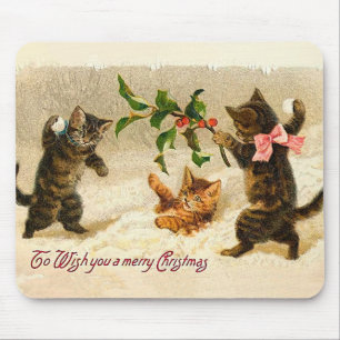 Alfombrilla De Ratón Gatos jugando en la nieve Navidad Vintage