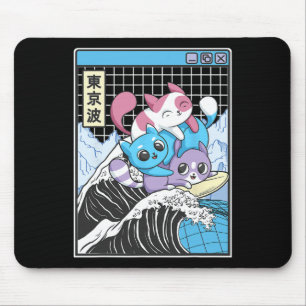 Alfombrilla De Ratón Gatos jugando surf en la ola de Kanagawa Kawaii An