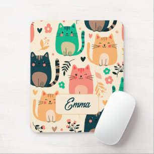 Alfombrilla De Ratón Gatos Lindos y Patrón Floral Monograma Personaliza