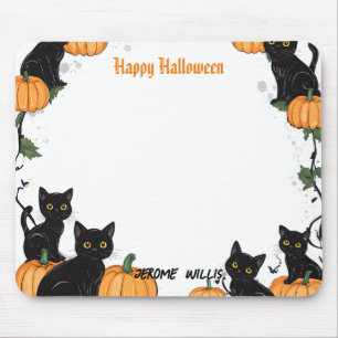 Alfombrilla De Ratón Gatos negros y calabaza Feliz Halloween