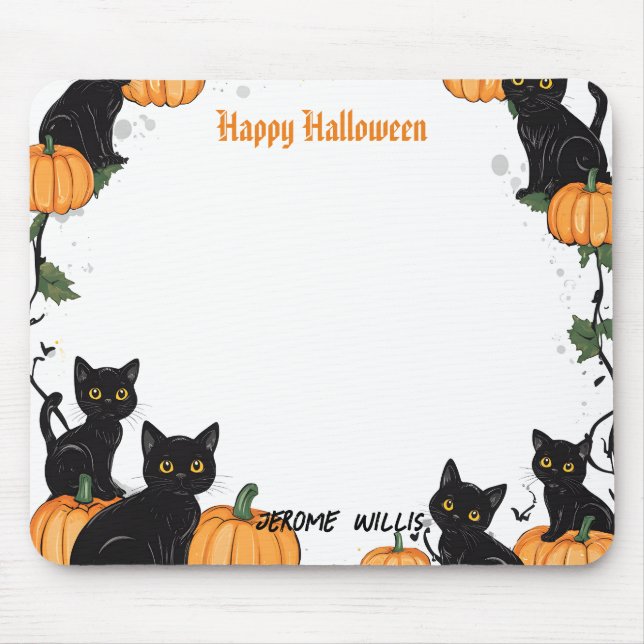 Alfombrilla De Ratón Gatos negros y calabaza Feliz Halloween (Frente)
