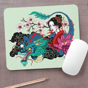 Alfombrilla De Ratón Geisha asiática Dragón Flores de Cerezo Azules