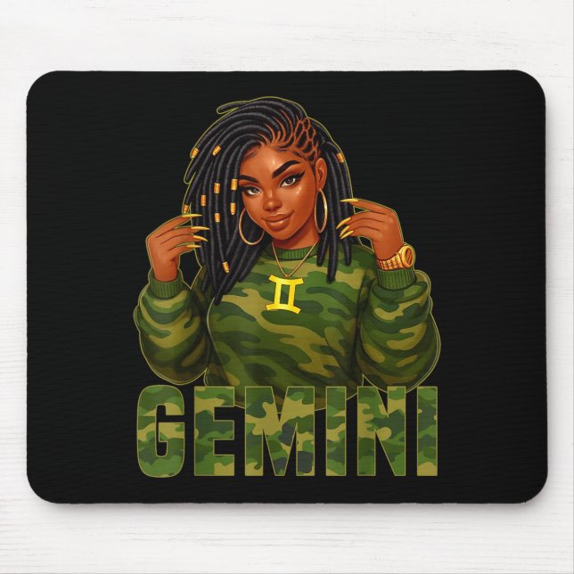 Alfombrilla De Ratón Gemini Queen Loc'd Black Woman Camo Zodiac Sign  (Frente)