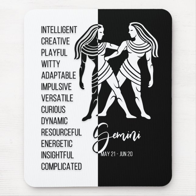 Alfombrilla De Ratón Gemini Zodiac Rótulo Mousepad, negro y blanco (Frente)