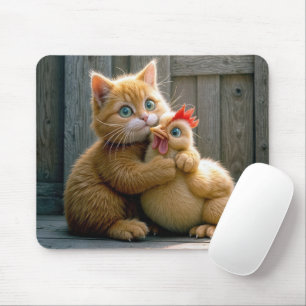 Alfombrilla De Ratón Ginger Kitten abrazando a un pollo