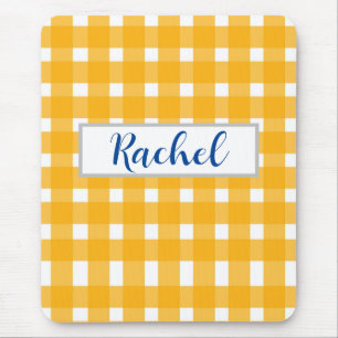 Alfombrilla De Ratón Gingham blanco amarillo personalizado