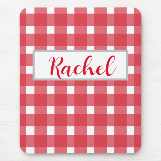 Alfombrilla De Ratón Gingham blanco rojo personalizado (Frente)