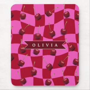 Alfombrilla De Ratón Gingham de Cereza Personalizado Retro con Nombre P