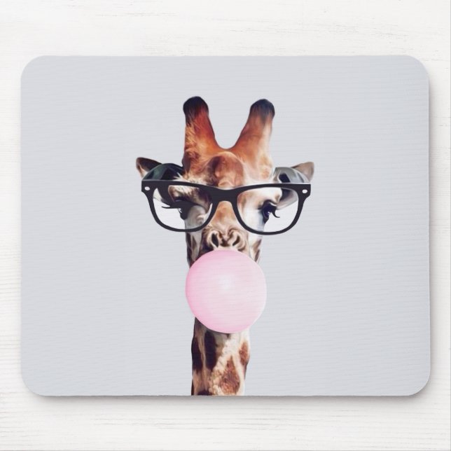 ALFOMBRILLA DE RATÓN GIRAFFE WEARING GLASSES BLOWING A PINK BUBBLEGUM (Frente)