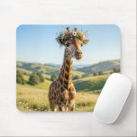 Alfombrilla De Ratón Giraffe with Floral Crown<br><div class="desc">A charming giraffe wearing a crown of colorful flowers stands in a sunlit field,  with serene rolling hills in the background</div>