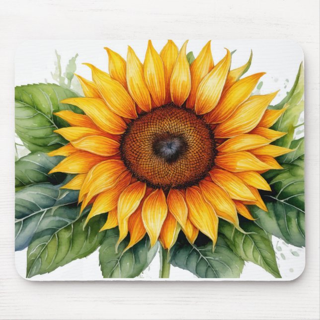 Alfombrilla De Ratón girasol acuarela con hoja verde almohadilla de rat (Frente)