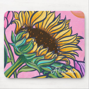 Alfombrilla De Ratón Girasol Amarillo Pintado a Mano de Color Rosa
