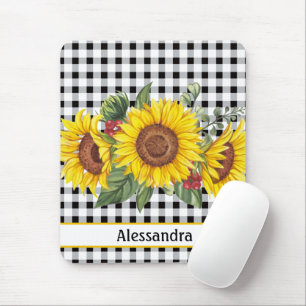 Alfombrilla De Ratón Girasol de Gingham negro personalizado 