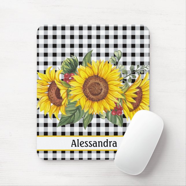 Alfombrilla De Ratón Girasol de Gingham negro personalizado (Con ratón)