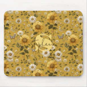 Alfombrilla De Ratón Girasoles y Mariposas sobre Fondo Amarillo
