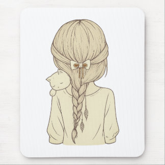 Alfombrilla De Ratón Girl with Braid and Cat Illustration – Soft Pastel
