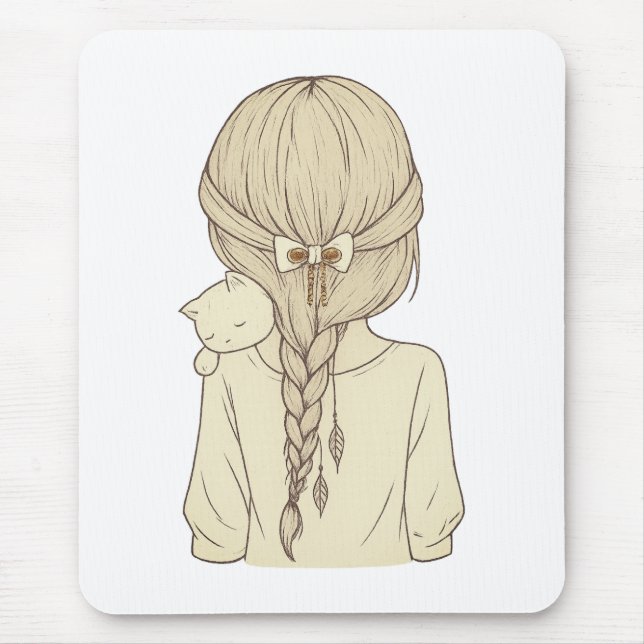 Alfombrilla De Ratón Girl with Braid and Cat Illustration – Soft Pastel (Frente)