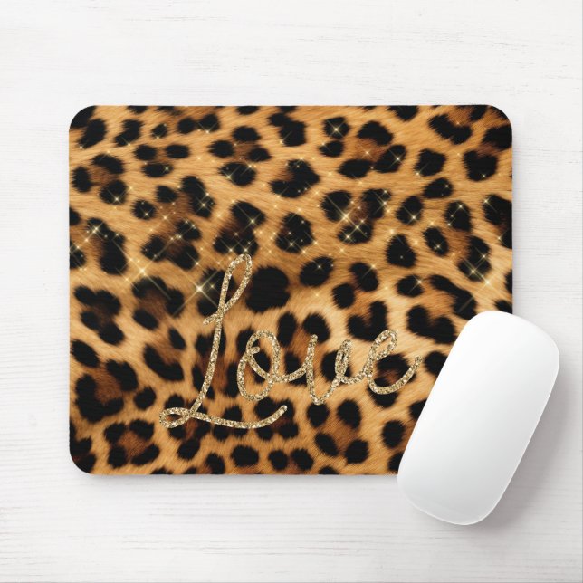 Alfombrilla De Ratón Girly Moda Leopard Gold Purpurina Love (Con ratón)