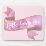 Alfombrilla De Ratón Girly Pretty Blush Pink Hello Gorgeous Gold Ribbon<br><div class="desc">Girly and pretty blush pink mouse pad featuring the words "Hello Gorgeous" in an elegant white script,  with a lilac purple ribbon banner background and a gold glitter sparkle outline.</div>