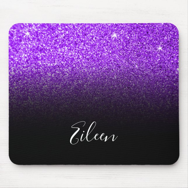 Alfombrilla De Ratón Girly Purple Sparkly Faux Purpurina Black Ombre (Frente)