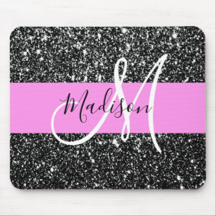 Alfombrilla De Ratón Glam Chic Rosa Negro Brillo Destello Nombre Monogr