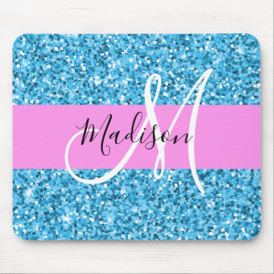 Alfombrilla De Ratón Glam Cielo Azul Rosa Brillo Purpurina Monograma No