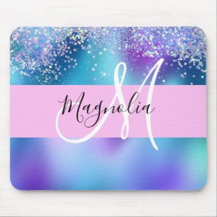 Alfombrilla De Ratón Glam Holográfico Sirena Brillo Destello Monograma
