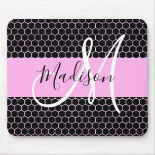 Alfombrilla De Ratón Glam Negro Metálico Rosa Miel Panal Monograma Nomb