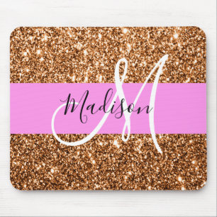 Alfombrilla De Ratón Glam Pink & Copper Glitter Brillante Monograma Nom