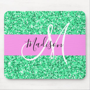 Alfombrilla De Ratón Glam Pink y Verde Brillo Chispas Monograma Nombre