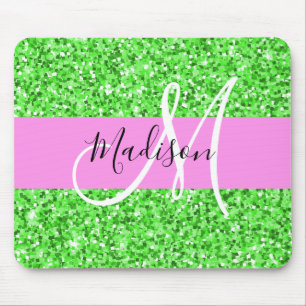 Alfombrilla De Ratón Glam Pink y Verde Brillo Chispas Monograma Nombre