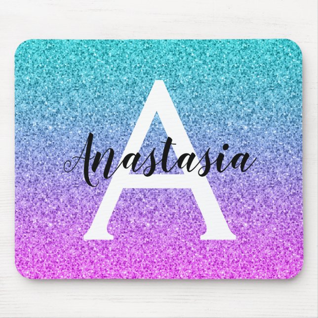 Alfombrilla De Ratón Glam Purple Aqua Purpurina Sparkle Gradiente Monog (Frente)