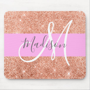 Alfombrilla De Ratón Glamour Femenino Rosa Dorado Brillante Monograma N