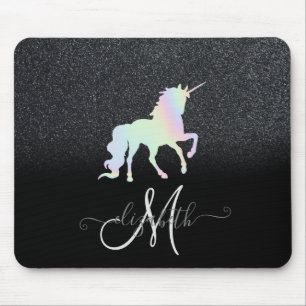 Alfombrilla De Ratón Glitter Ombre Monograma Negro Unicornio Holográfic
