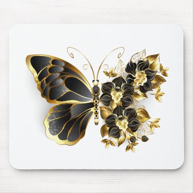 Alfombrilla De Ratón Gold Flower Butterfly with Black Orchid (Frente)