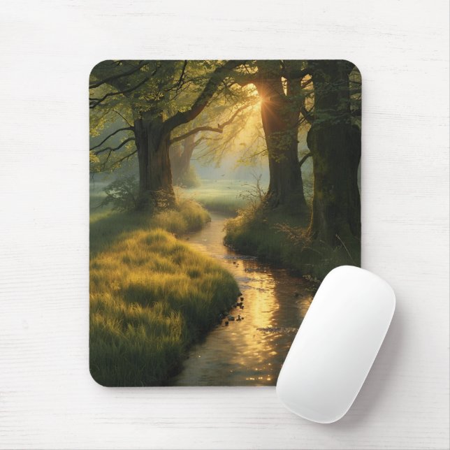 Alfombrilla De Ratón Golden Grove Sunrise – Tranquil Sunlit Forest Stre (Con ratón)