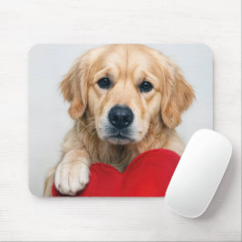 Alfombrilla De Ratón Golden Retriever Con una Almohada de Corazón Rojo