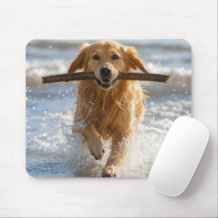 Alfombrilla De Ratón Golden Retriever corriendo con un palo de playa