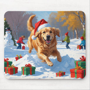 Alfombrilla De Ratón Golden Retriever en la nieve con sombrero de Navid