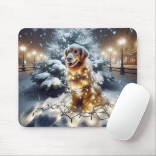 Alfombrilla De Ratón Golden Retriever Enredada En Luces De Navidades