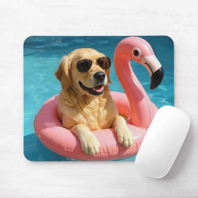 Alfombrilla De Ratón Golden Retriever Floating With Flamingo (Con ratón)