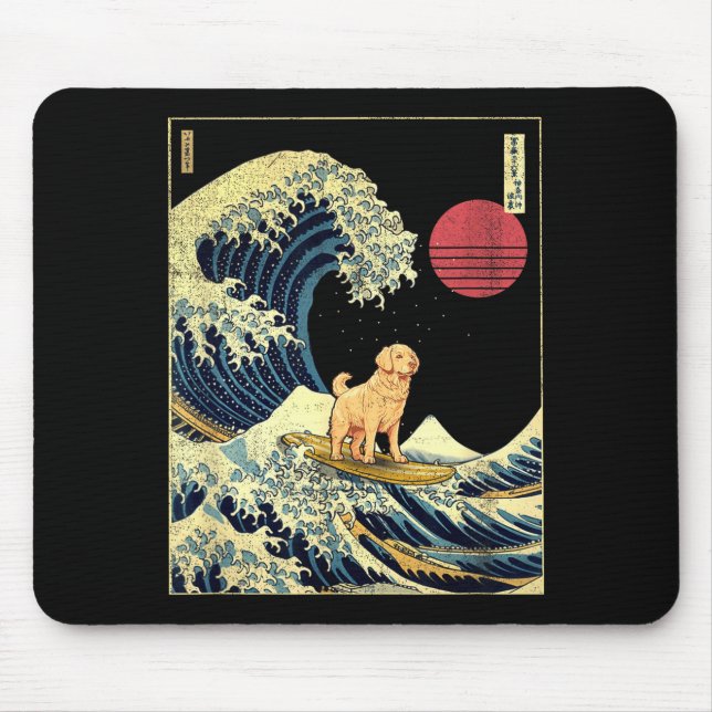 Alfombrilla De Ratón Golden Retriever Japanese Kanagawa Wave Funny Surf (Frente)
