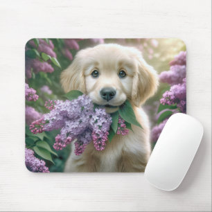 Alfombrilla De Ratón Golden Retriever Puppy Con Lilac Bunch