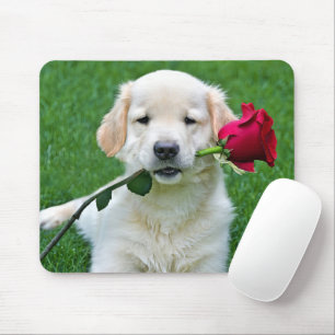 Alfombrilla De Ratón Golden Retriever Puppy con Rosa Roja