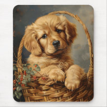Golden Retriever Puppy en una cesta