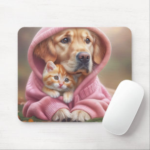 Alfombrilla De Ratón Golden Retriever y Kitten in Pink Hoodie